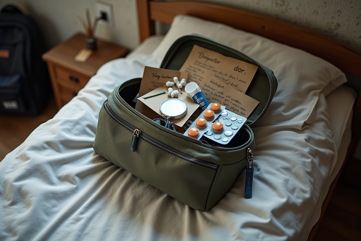 Kit de survie dentaire pour voyageur avec ibuprofène, huile de girofle et miroir buccal dans une trousse ouverte