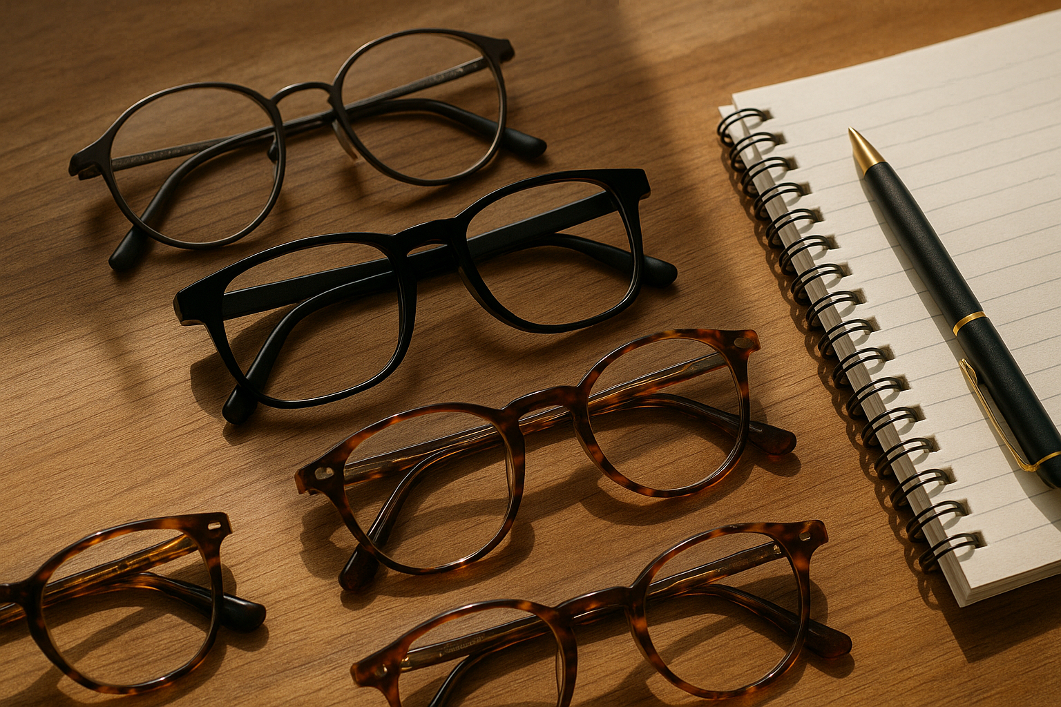 Différents modèles de lunettes posés sur une table en bois avec un carnet