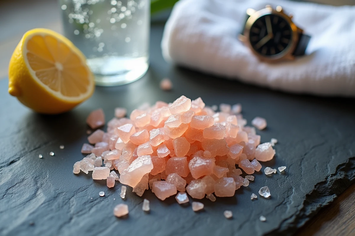 Vue macro de cristaux de sel rose de l'Himalaya sur ardoise avec équipements de sport et citron pour la récupération