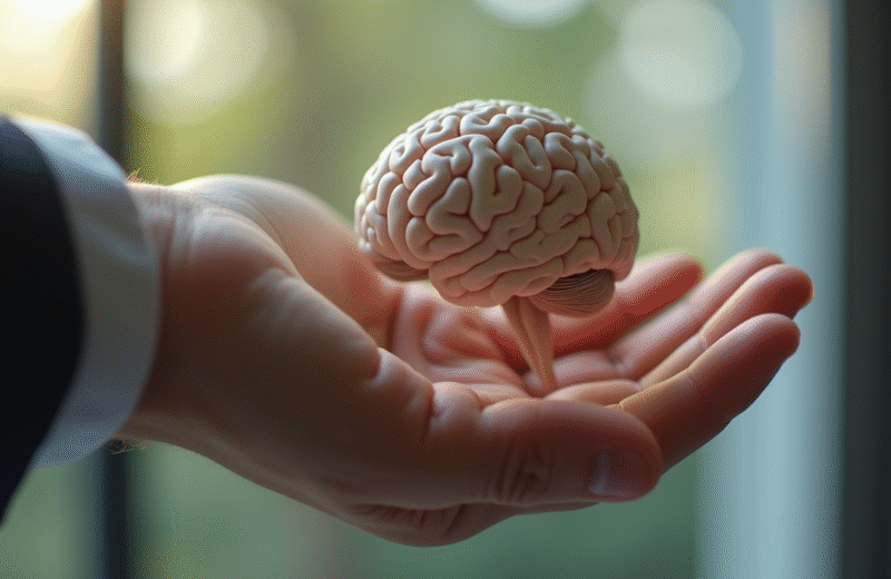 Main tenant un modèle 3D du cerveau en lumière naturelle