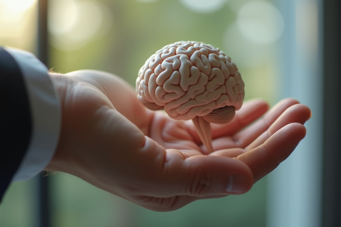 Main tenant un modèle 3D du cerveau en lumière naturelle