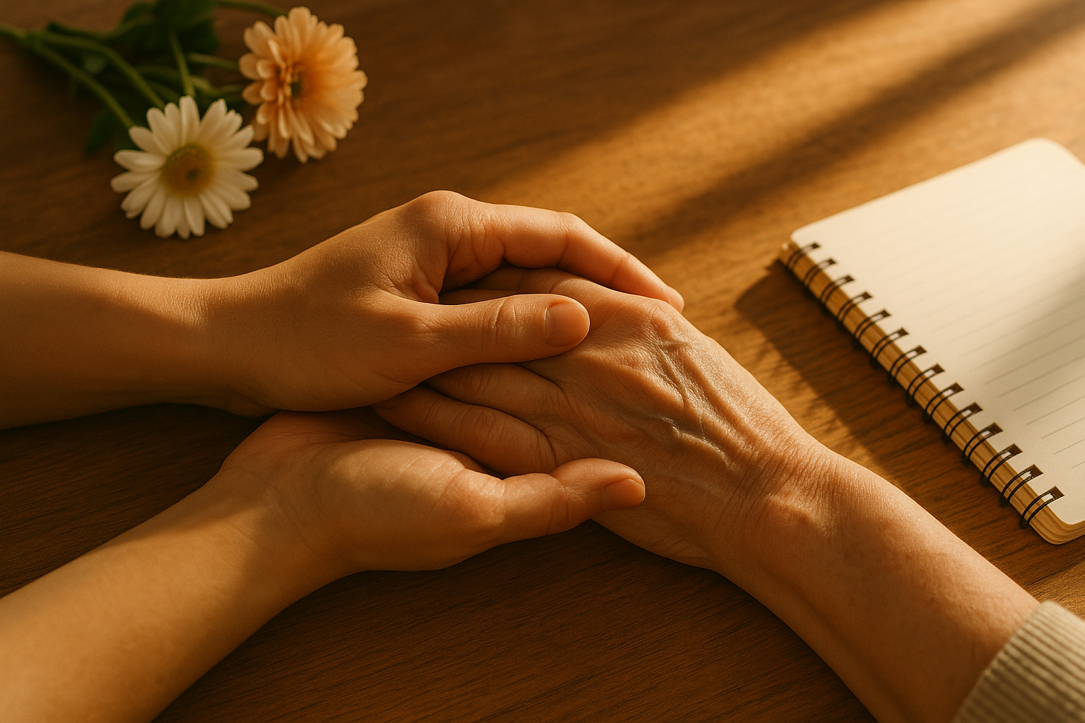Mains qui se touchent sur une table en bois