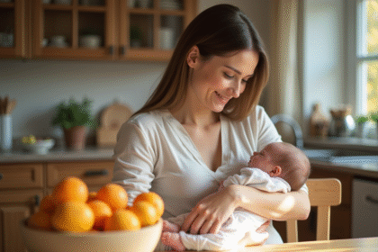 Jeune maman allaitant son bébé dans la cuisine lumineuse
