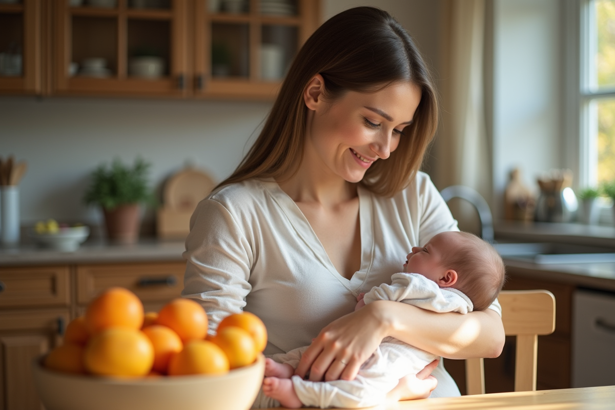 Jeune maman allaitant son bébé dans la cuisine lumineuse