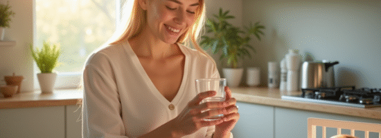 Maman souriante avec une eau dans la cuisine lumineuse