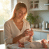 Maman souriante avec une eau dans la cuisine lumineuse