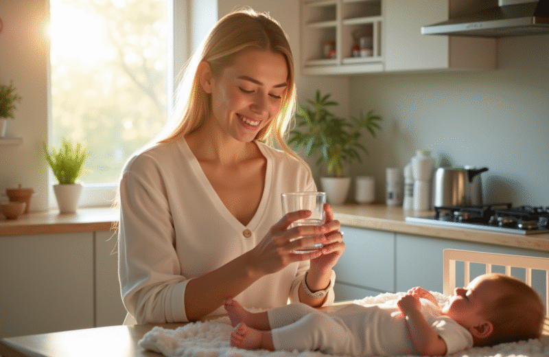 Maman souriante avec une eau dans la cuisine lumineuse