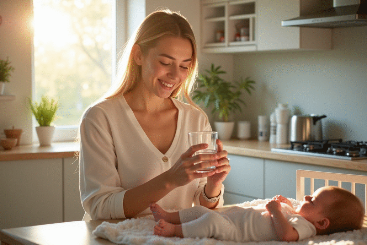 Maman souriante avec une eau dans la cuisine lumineuse