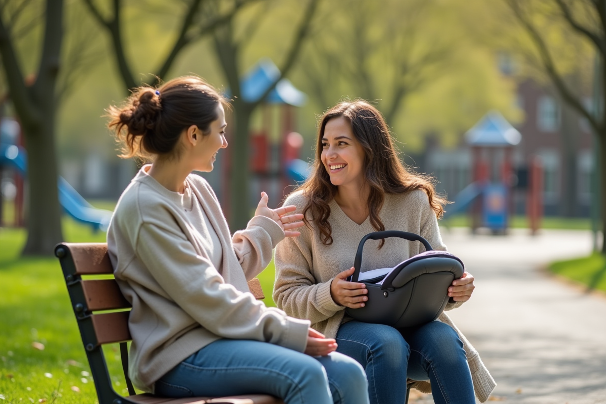 Deux jeunes mamans discutant sur un banc de parc