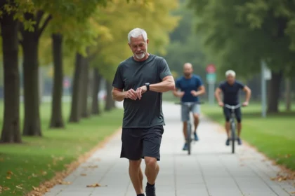 Homme d'âge moyen marchant en ville avec smartwatch