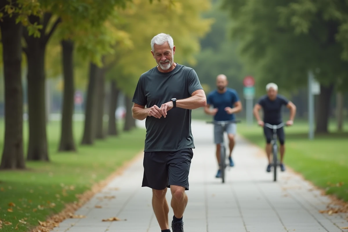 Homme d'âge moyen marchant en ville avec smartwatch