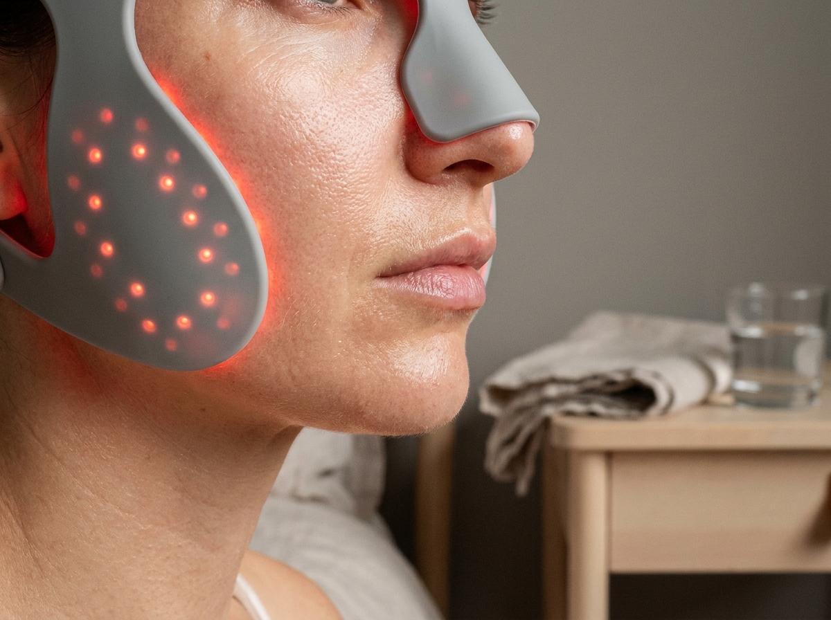 Gros plan sur un masque LED de photobiomodulation appliqué sur la peau du visage d'une femme lors d'un soin à domicile