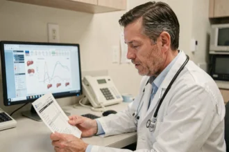 Médecin analysant des résultats de tests enzymatiques hépatiques incluant gamma-GT, ASAT et ALAT dans un bureau médical