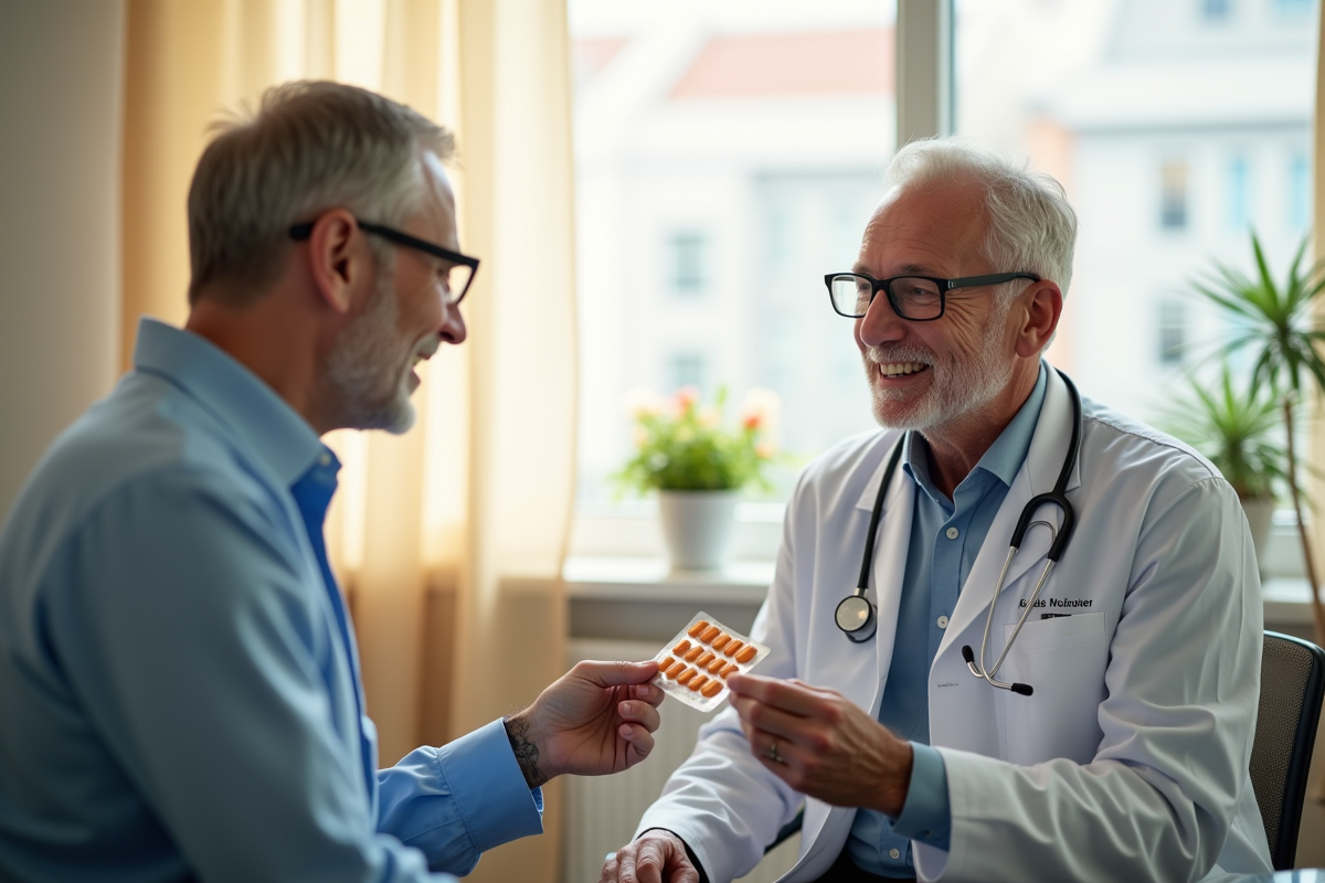 Medecin montre des vitamines a un senior dans un cabinet lumineux