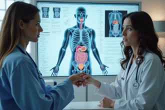 Médecin montrant un diagramme du système urinaire à une patiente