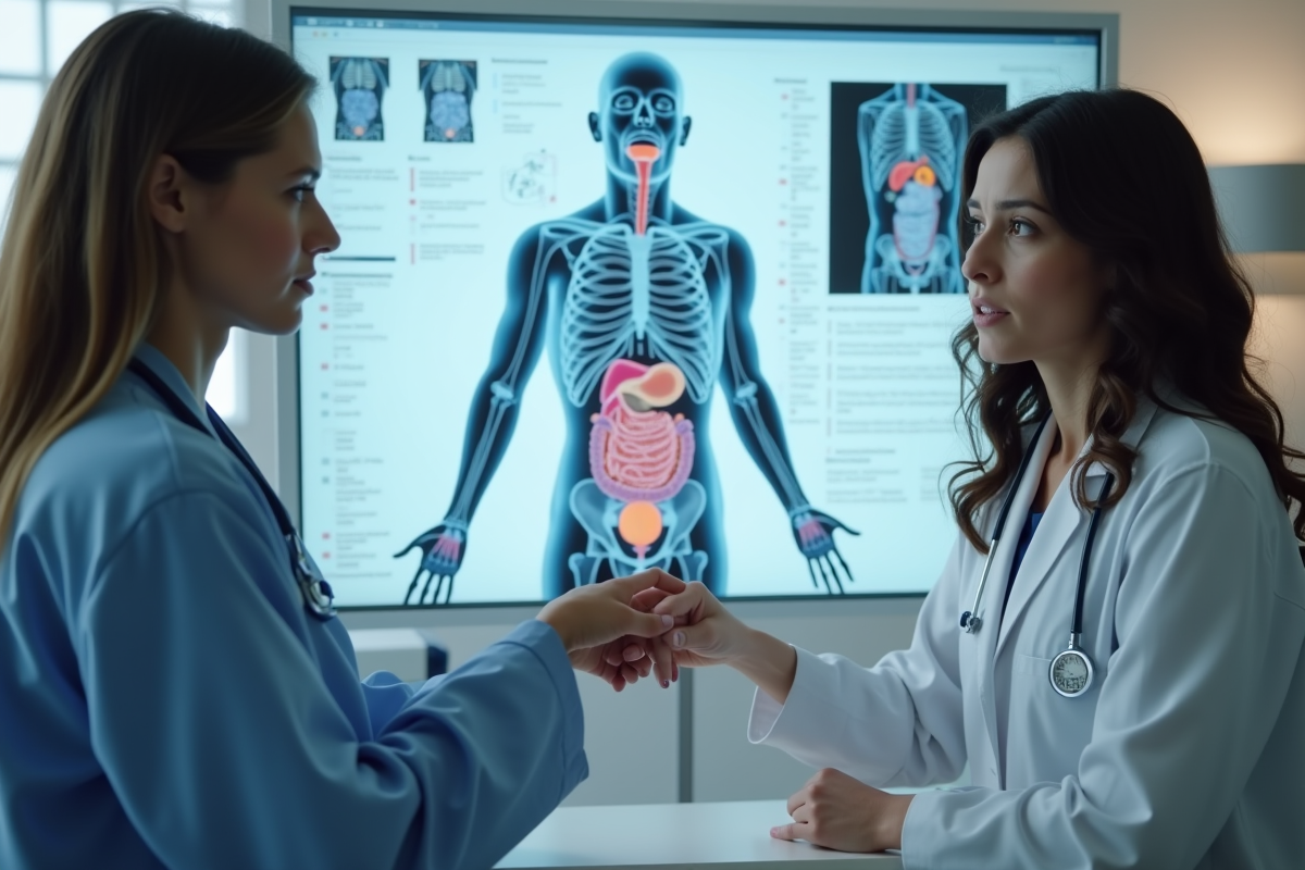 Médecin montrant un diagramme du système urinaire à une patiente