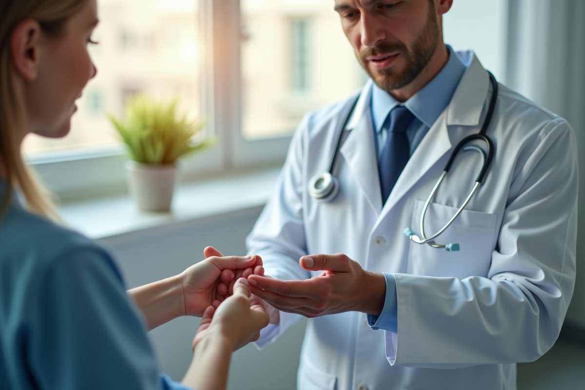 Médecin examinant la main d'un patient dans un cabinet moderne