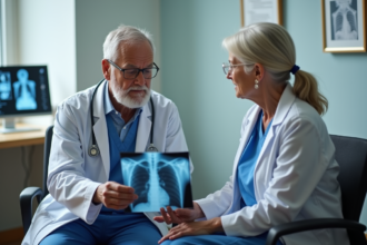 Medecin expliquant un rayon X pulmonaire a une patiente