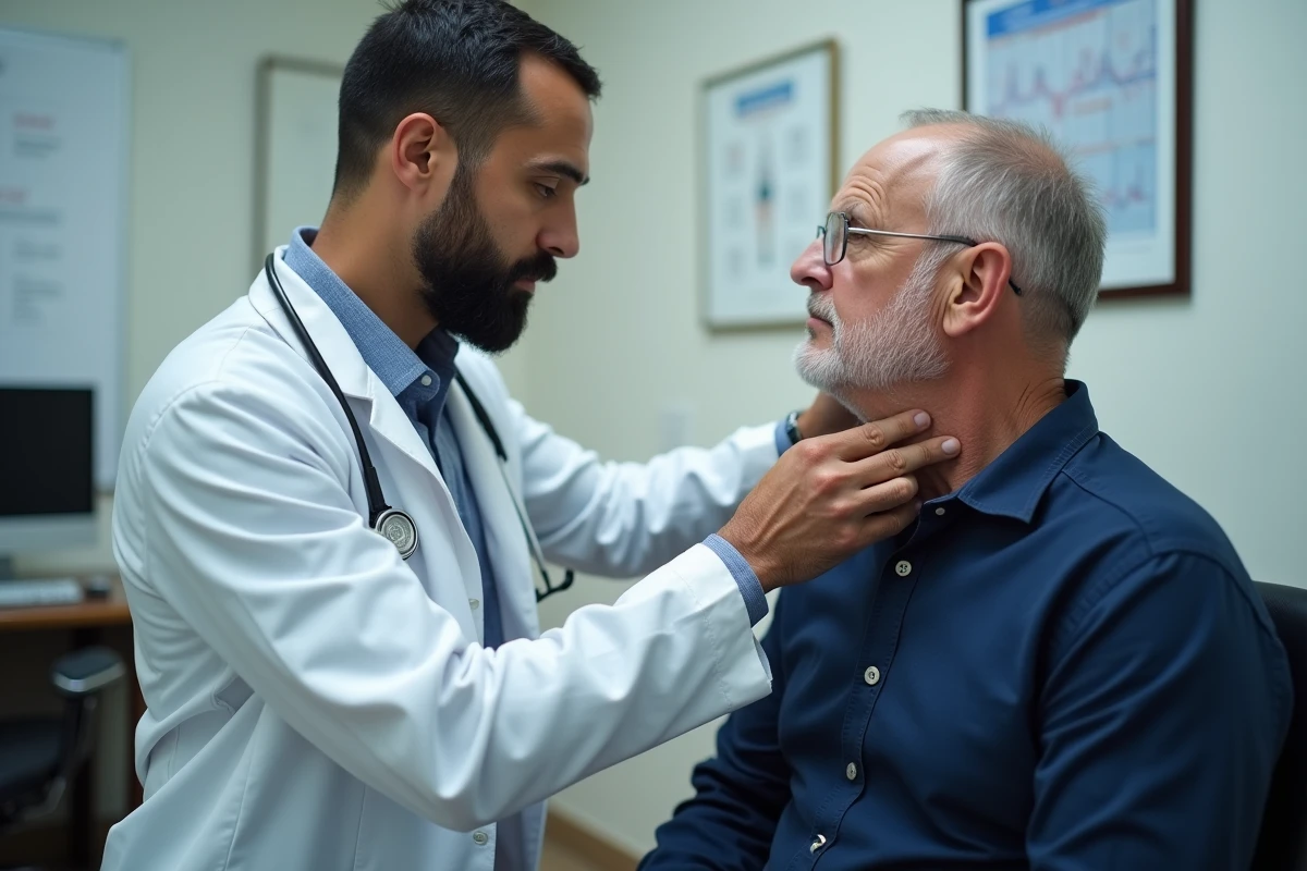 Médecin palpant un ganglion cervical gauche d'un patient lors d'un examen clinique