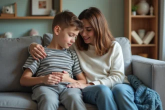 Mère consolant son enfant malade sur le canapé