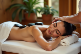 Femme relaxee recevant un massage aux pierres chaudes
