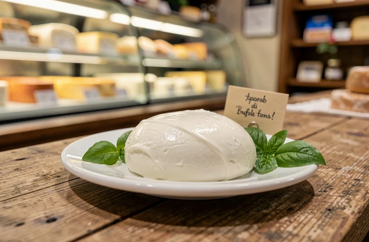 Gros plan sur une mozzarella di bufala fraîche posée sur un comptoir de fromagerie avec une étiquette artisanale