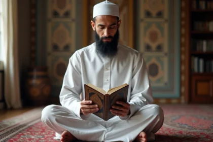 Musulman méditant en lisant le Quran dans un intérieur
