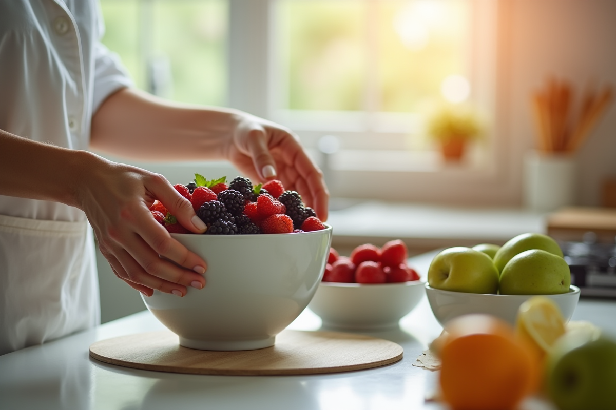 Nutritionniste retire un bol de fruits sucrés dans une cuisine lumineuse