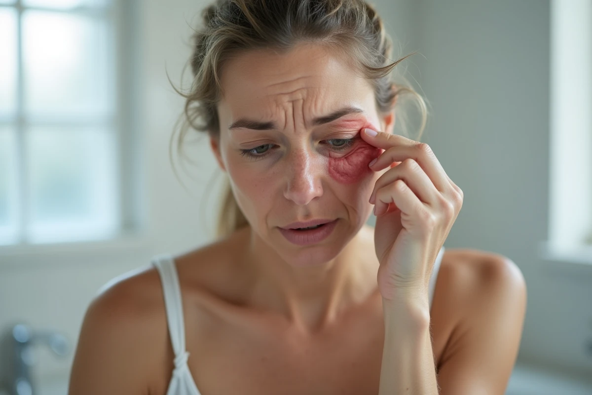 Femme touchant son œil gonflé dans une salle de bain, exprimant de l'inquiétude face à un gonflement soudain de la paupière