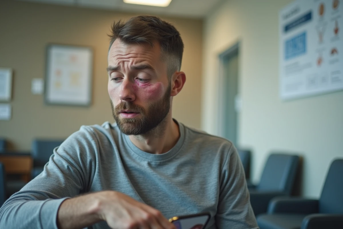 Homme examinant son œil droit gonflé dans une salle d'attente médicale, tenant un petit miroir avec une expression préoccupée