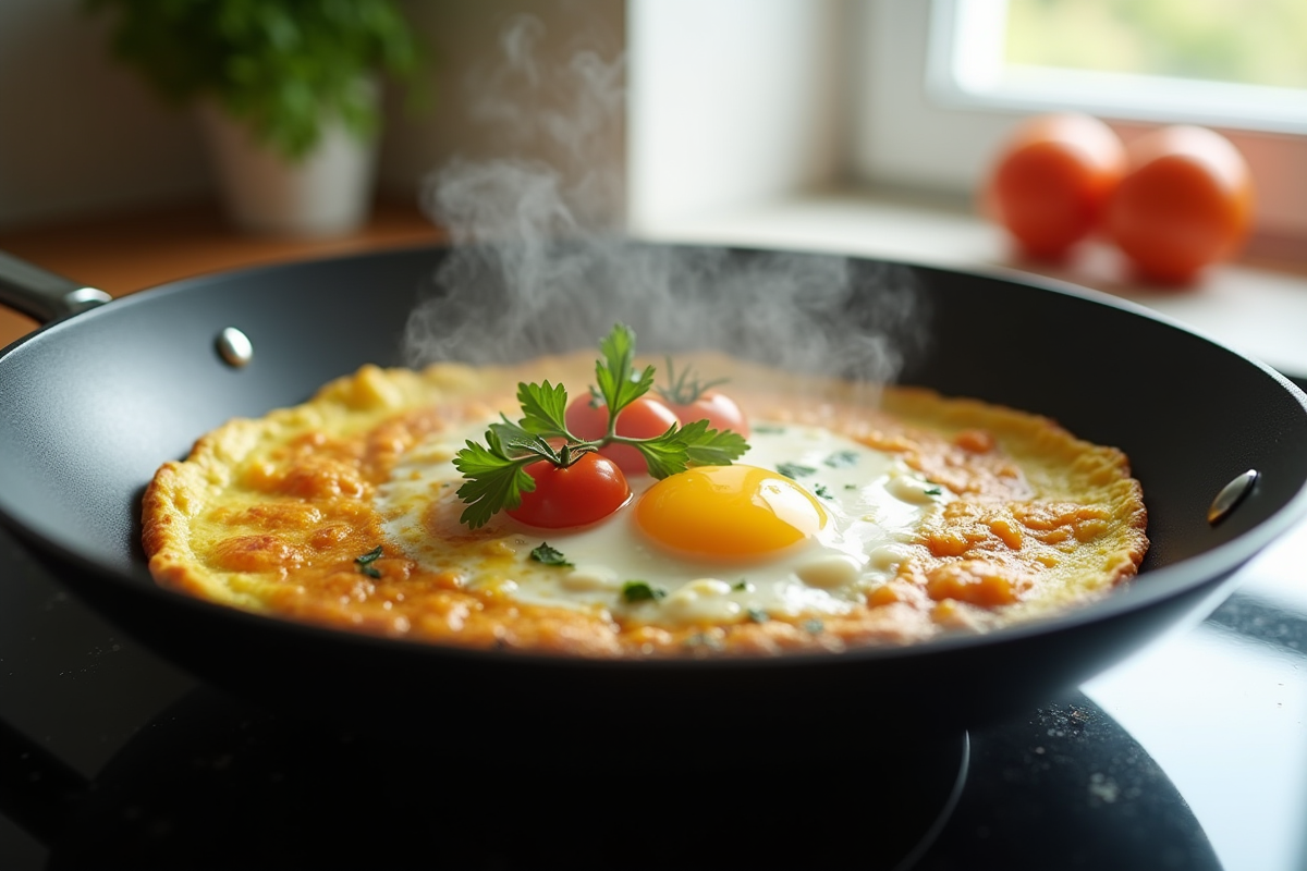 Omelette en cuisson avec herbes et tomates dans une poêle moderne