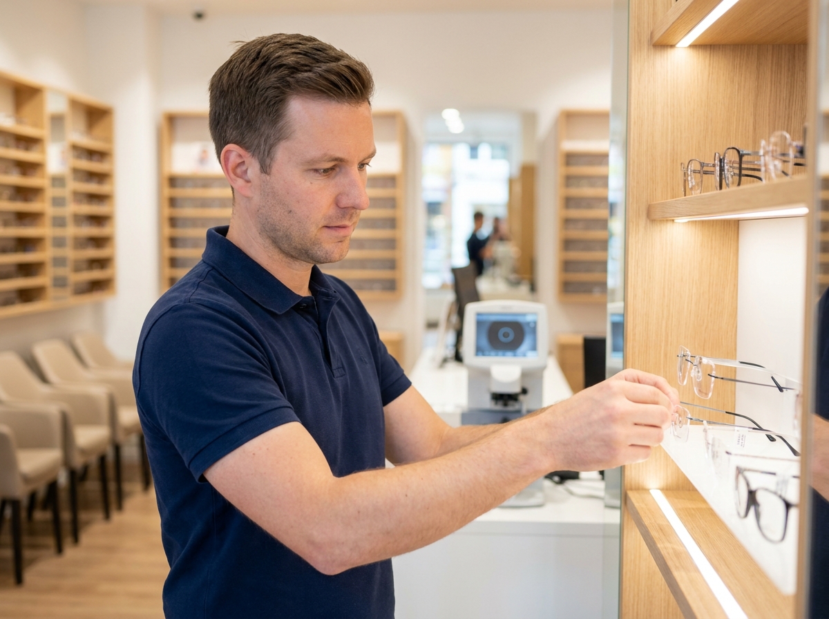 Opticien arrangeant des montures de lunettes sur un présentoir dans une boutique d'optique contemporaine à Saint-Priest-en-Jarez