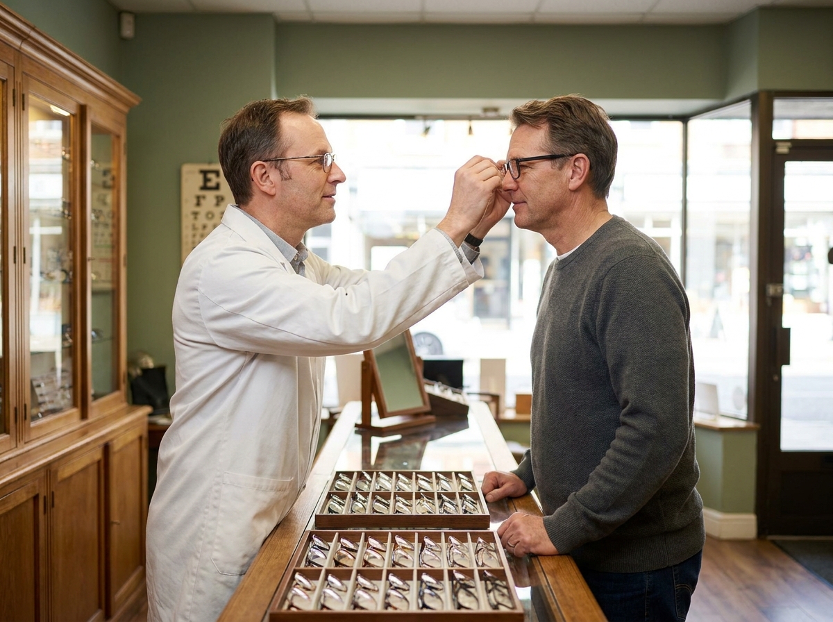 Opticien de quartier ajustant des lunettes sur un client dans une boutique d'optique traditionnelle