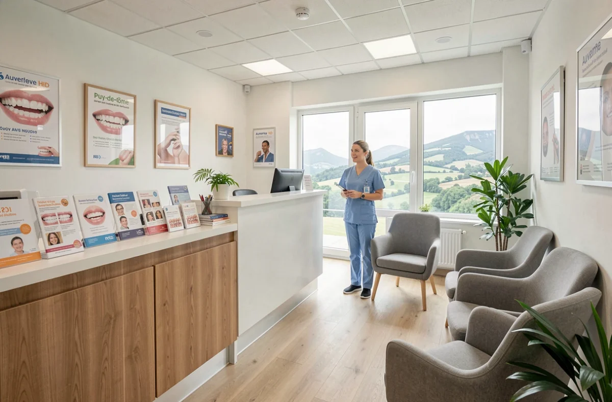 Salle d'attente d'un cabinet d'orthodontie moderne dans le Puy-de-Dôme avec une réceptionniste accueillant un patient