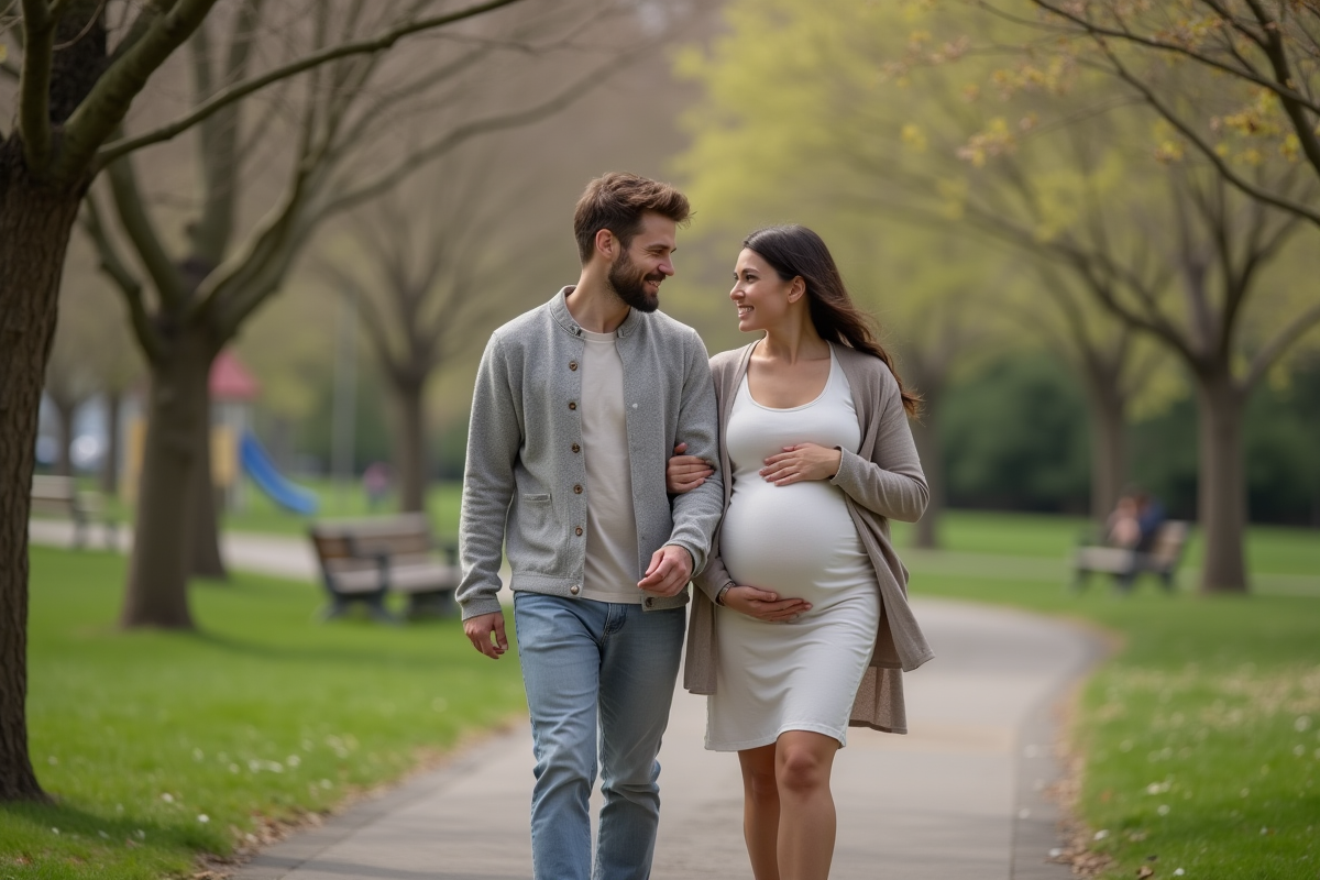 Jeune père soutenant sa partenaire enceinte dans un parc