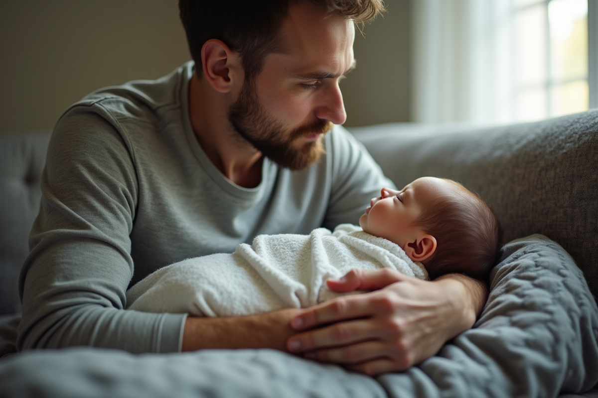 Pere regardant attentivement son bebe dans le salon