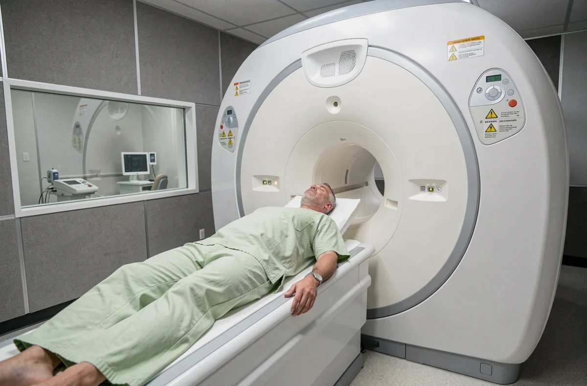 Patient entrant dans un appareil IRM dans une salle d'imagerie médicale équipée de panneaux insonorisants