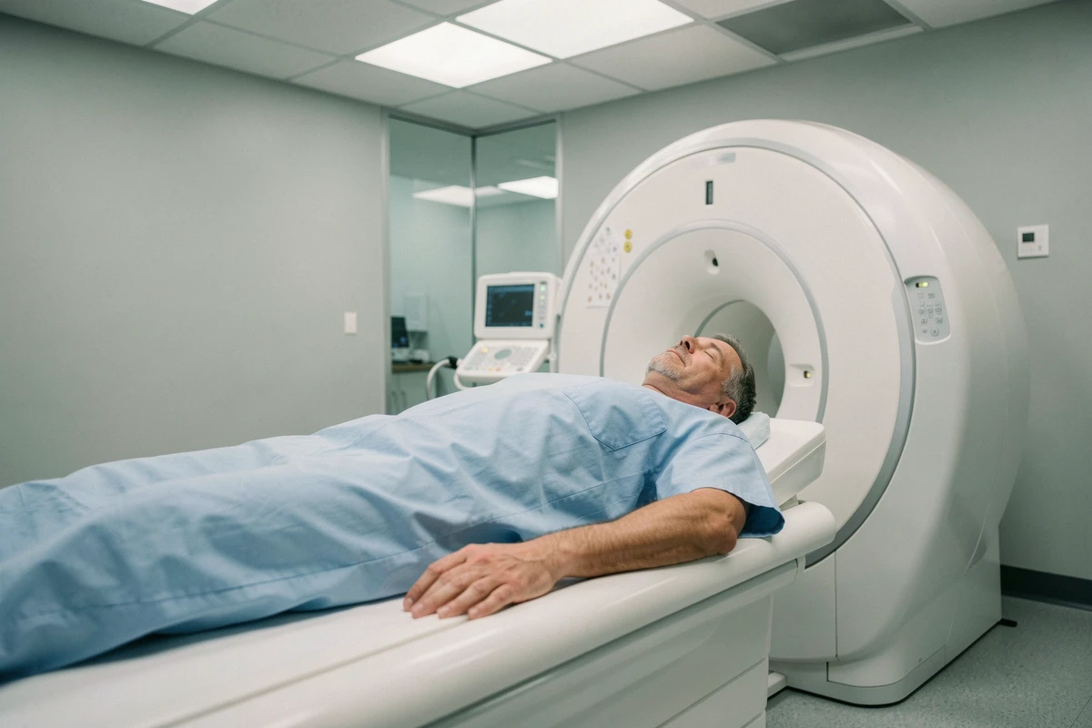Patient allongé sur la table d'un scanner abdominal dans une salle de radiologie moderne