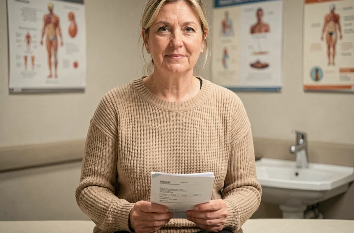 Patiente consultant ses résultats d'analyses biologiques hépatiques gamma-GT ASAT ALAT dans un cabinet médical