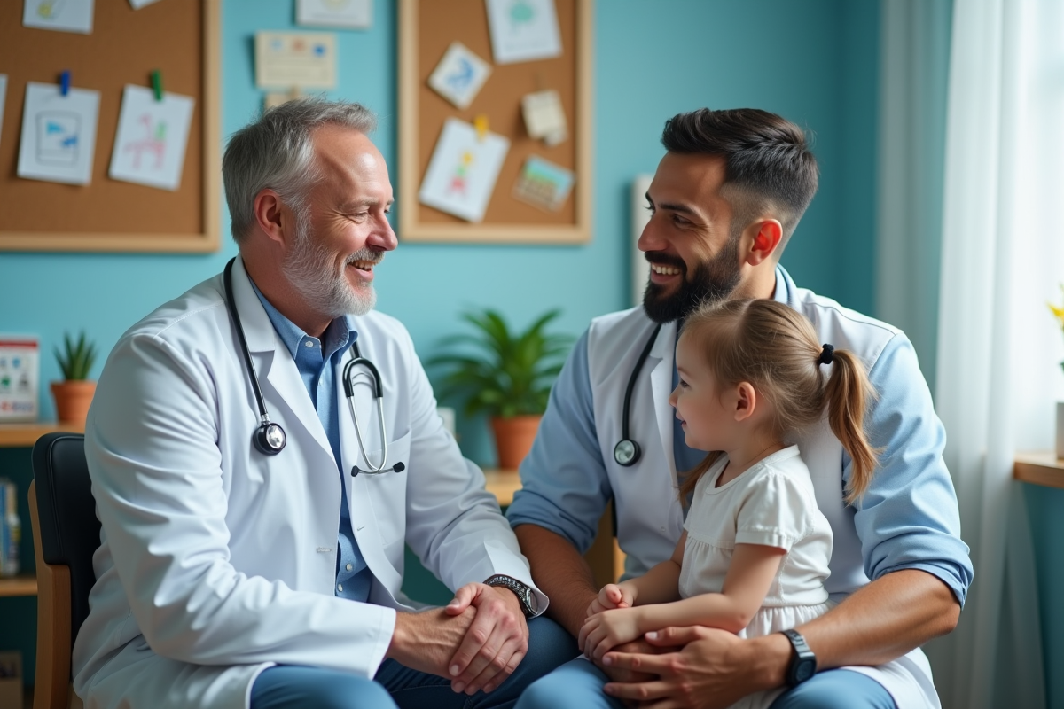 Médecin parlant avec un père et sa fille en cabinet pédiatrique