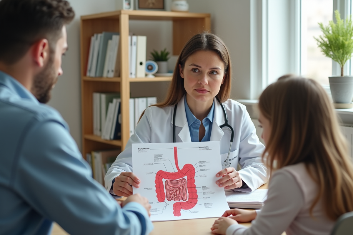 Pediatre expliquant un diagramme du colon