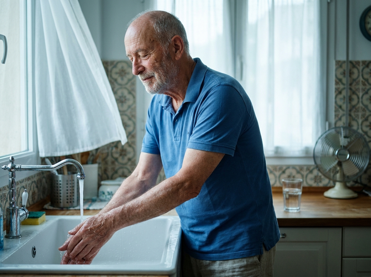 Personne âgée se rafraîchissant les poignets sous l'eau froide dans une cuisine lors d'un épisode de canicule