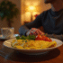 Personne dégustant une omelette saine dans une cuisine chaleureuse