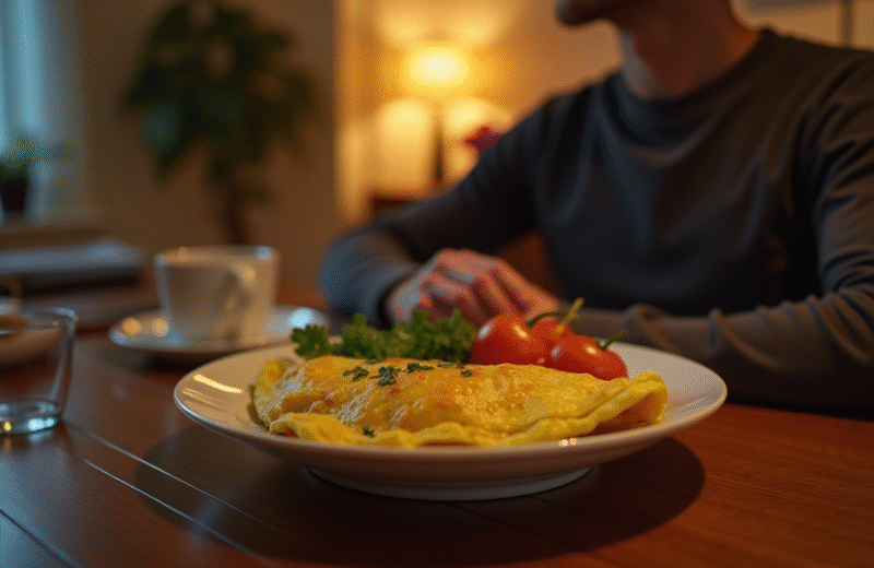 Personne dégustant une omelette saine dans une cuisine chaleureuse