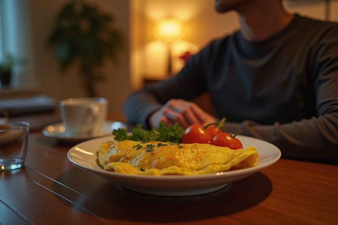 Personne dégustant une omelette saine dans une cuisine chaleureuse