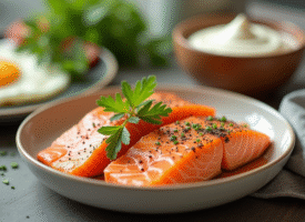 Petit déjeuner avec saumon et œufs frais sur la table