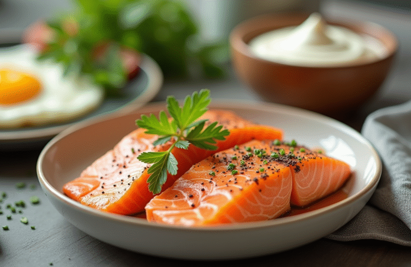 Petit déjeuner avec saumon et œufs frais sur la table