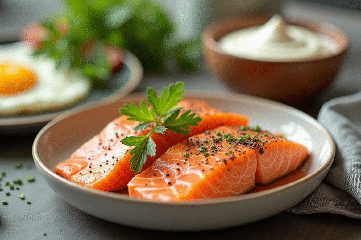 Petit déjeuner avec saumon et œufs frais sur la table