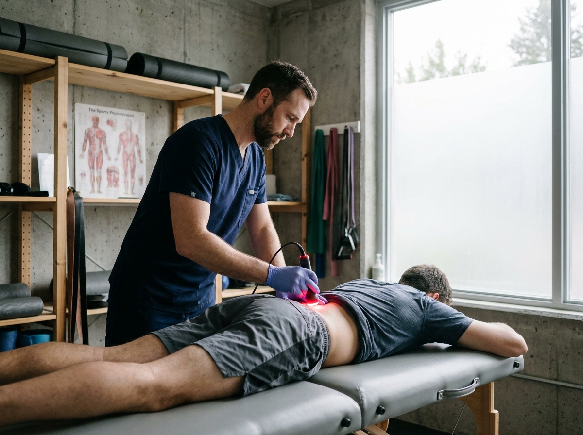 Kinésithérapeute utilisant une sonde laser de photobiomodulation sur le dos d'un patient sportif en cabinet de physiothérapie