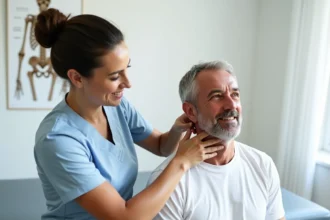 Physiothérapeute examinant la colonne cervicale d'un patient pour diagnostiquer une rectitude rachidienne cervicale